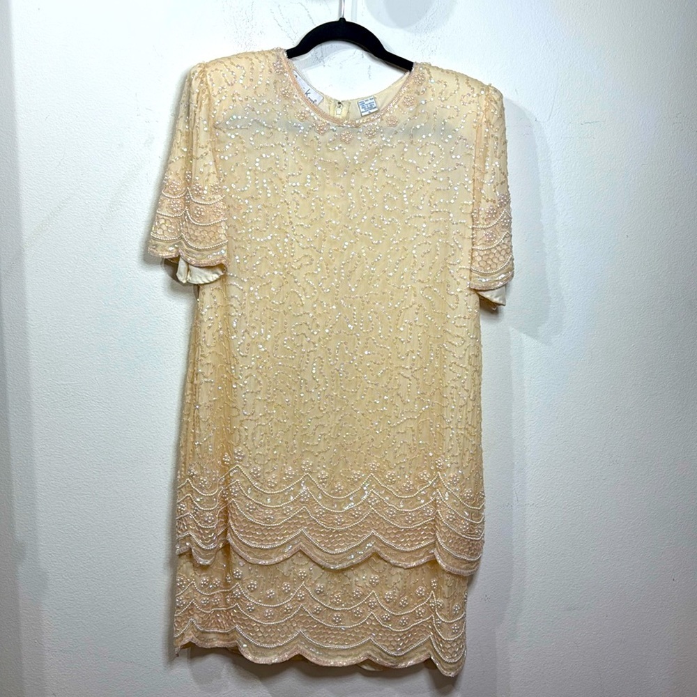 (R4) Laurence Kazar VINTAGE Beaded Dress, Y2K, Cream Short Sleeve Size XL